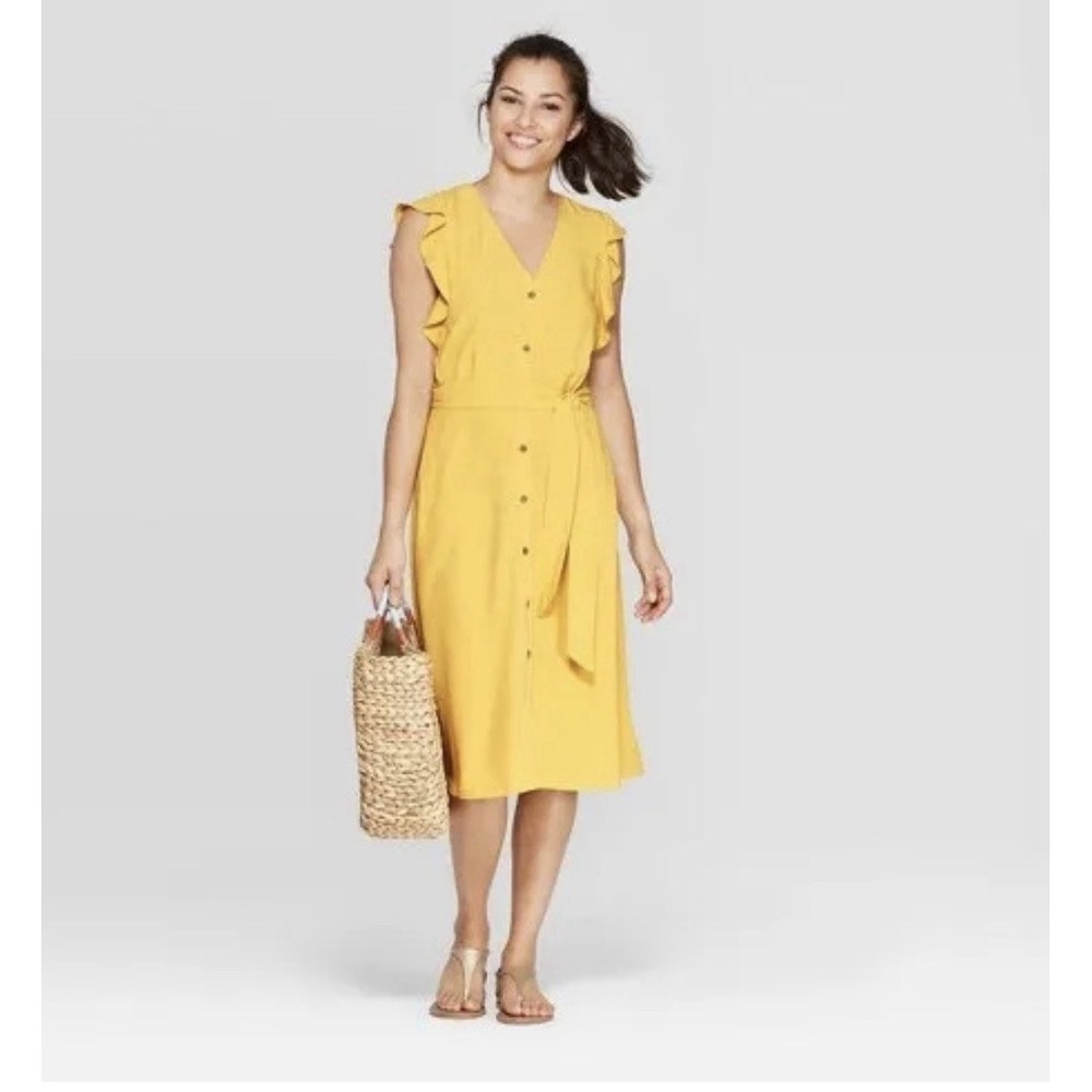 Frill Sleeveless Midi Women's Medium Yellow Sundress A New Day